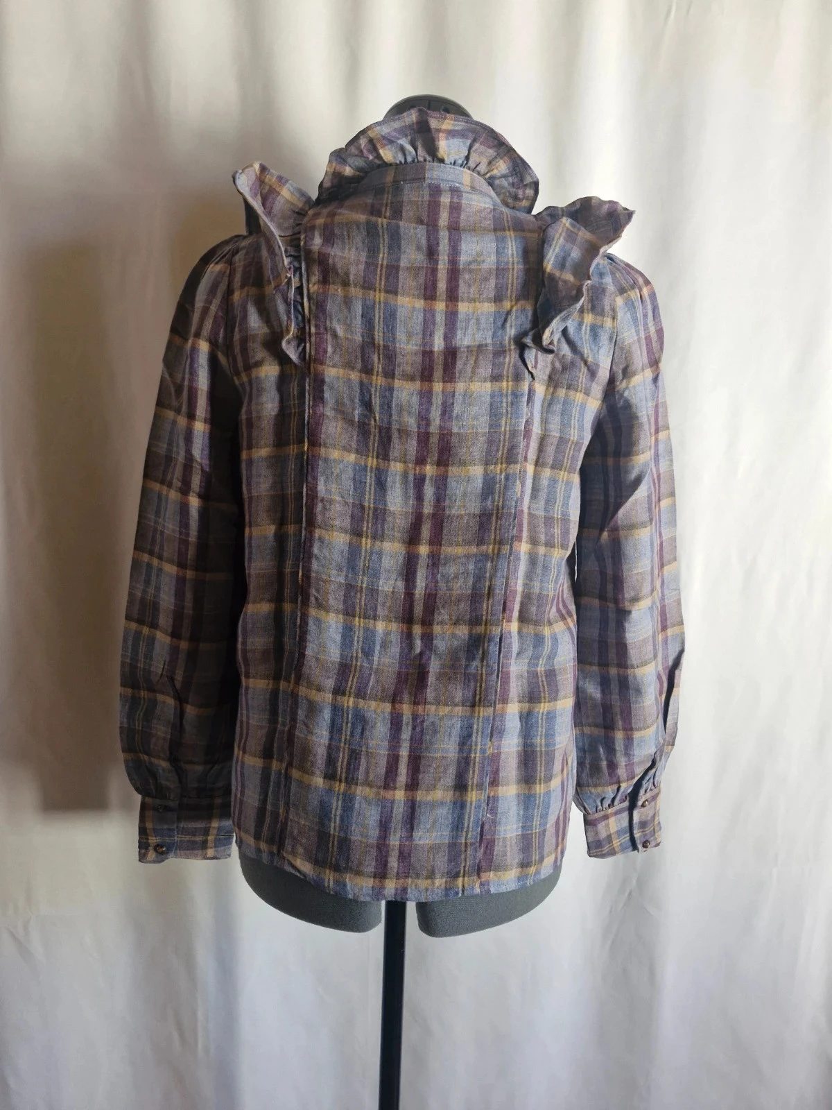 Sézane Violet Blue Checked Shirt Blouse 34 100% Linen with Ruffle – photo 4